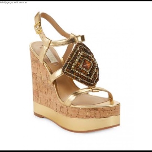 Ralph Lauren Shoes - Ralph Lauren Mattie beaded platform wedge Gold